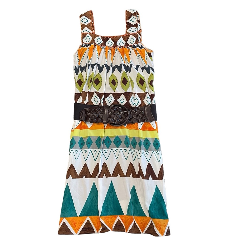 ECI New York Aztec print sleeveless mini dress with belt. Size 10.